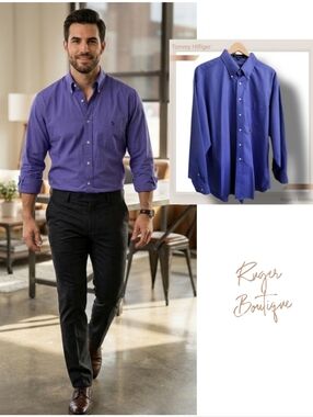 🌿Tommy Hilfiger VINTAGE Mens Large Solid Blue Classic Button Down Dress Shirt